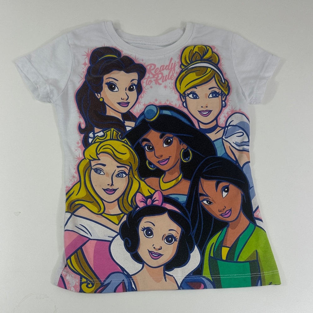 Girls White Disney Princess Official Graphic Tee Kids Size XS(4-5) Colorful Cute